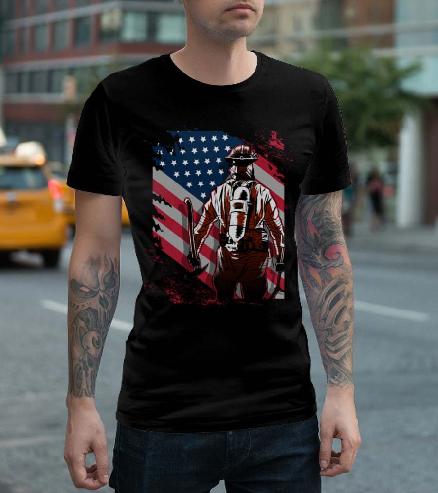 Firefighter USA American Flag Background T-Shirt