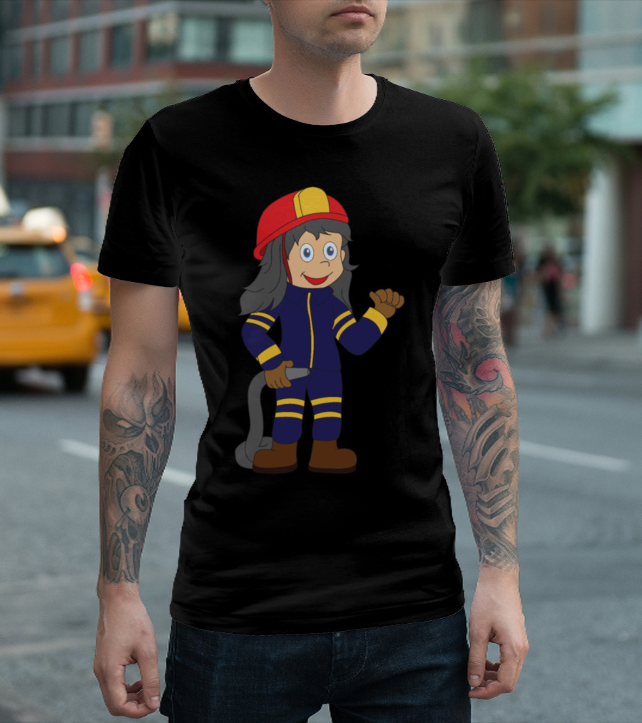 Firefighter Girl Cartoon Character with Red Helmet and Hose T-Shirt