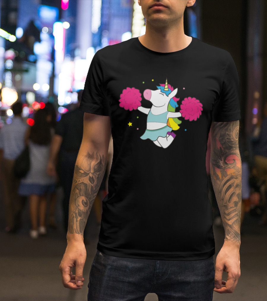 Unicorn Cheerleader With Pom Poms And Stars T-Shirt
