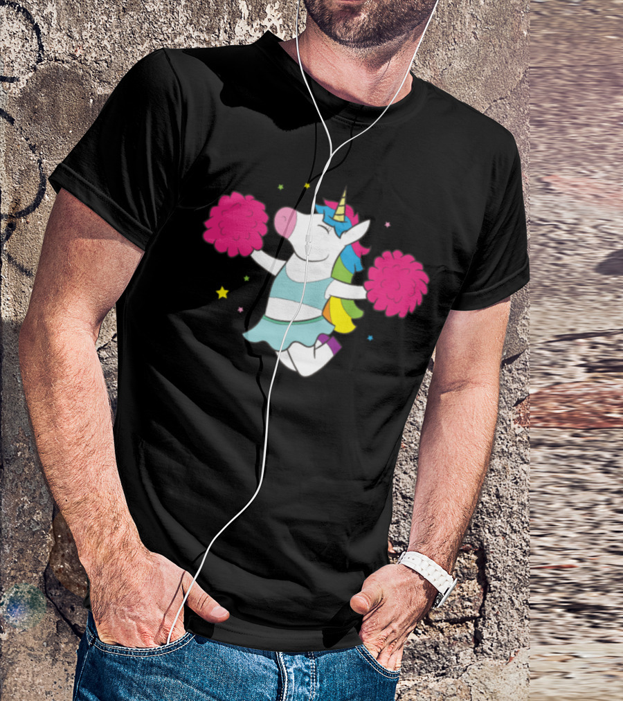 Unicorn Cheerleader With Pom Poms And Stars T-Shirt