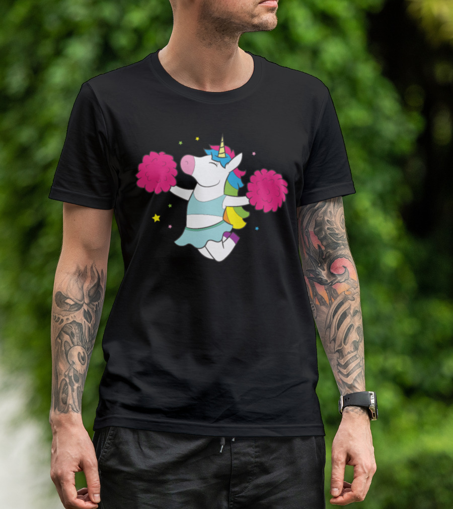 Unicorn Cheerleader With Pom Poms And Stars T-Shirt