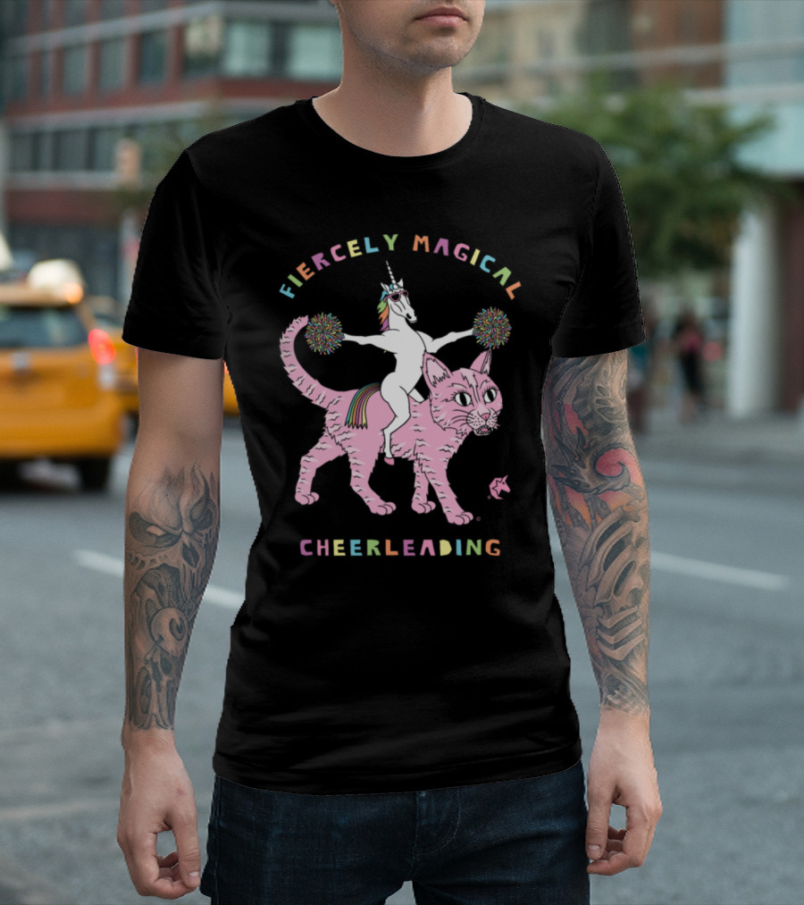 Fiercely Magical Cheerleading Unicorn Riding Colorful Cat T-Shirt