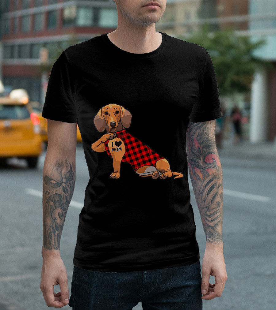Cute Dachshund I Love Mom Tattoo with Plaid T-Shirt