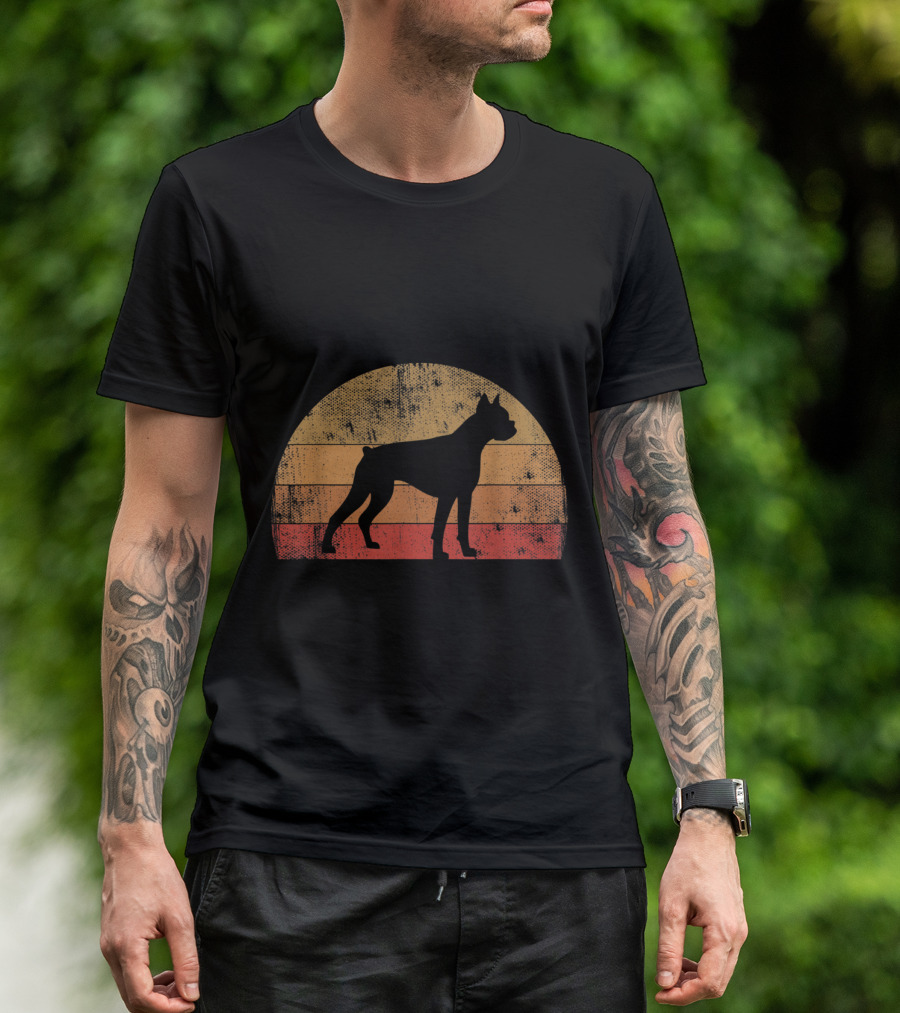 Boxer Dog Owner Retro Vintage 70s 80s Silhouette Striped Sunset T-Shirt