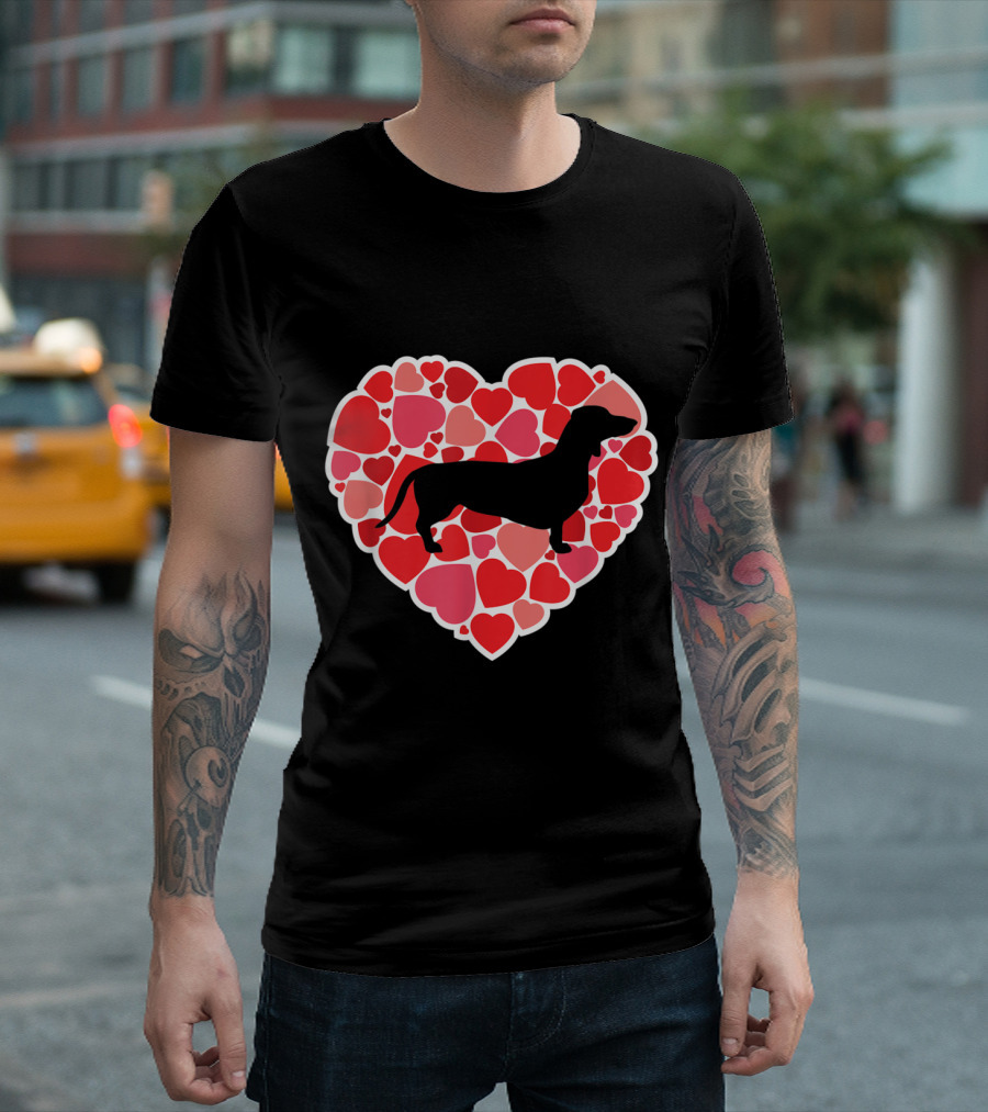 Dachshund Silhouette And Love Hearts For Dog Lovers T-Shirt