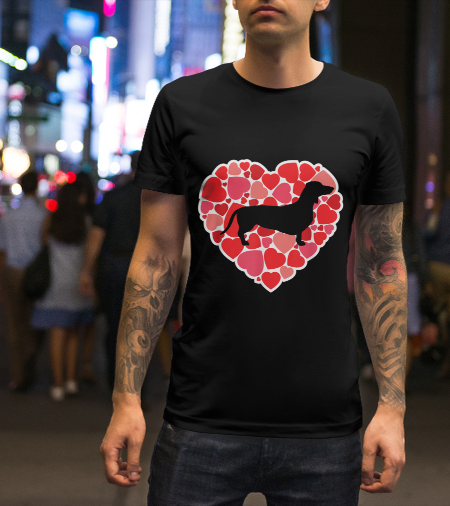 Dachshund Silhouette And Love Hearts For Dog Lovers T-Shirt