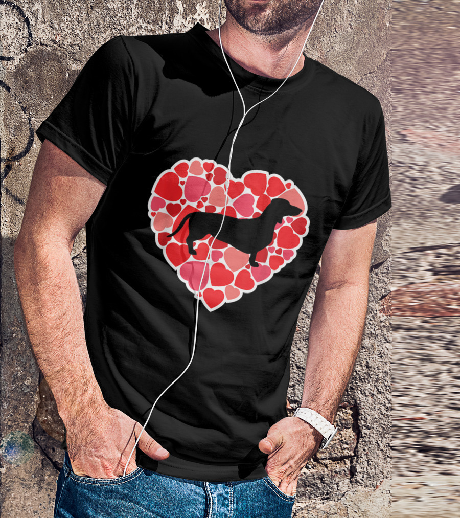 Dachshund Silhouette And Love Hearts For Dog Lovers T-Shirt