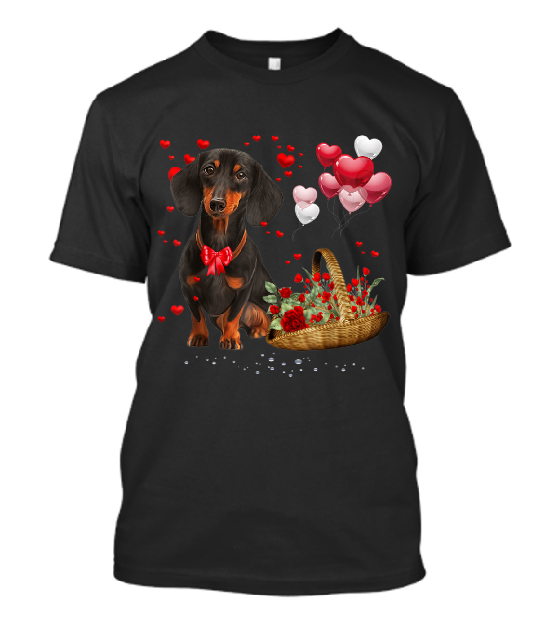 Valentine's Day Dachshund With Heart Balloons And Flower Basket T-Shirt