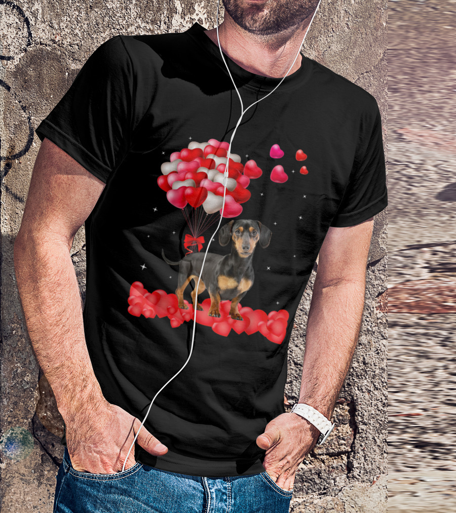 Dachshund Valentine's Day Heart Balloons And Red Ribbon Dog T-Shirt