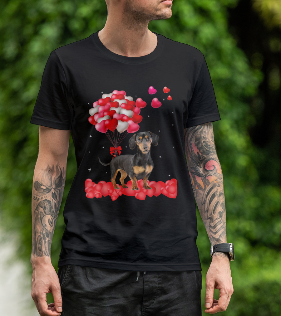Dachshund Valentine's Day Heart Balloons And Red Ribbon Dog T-Shirt