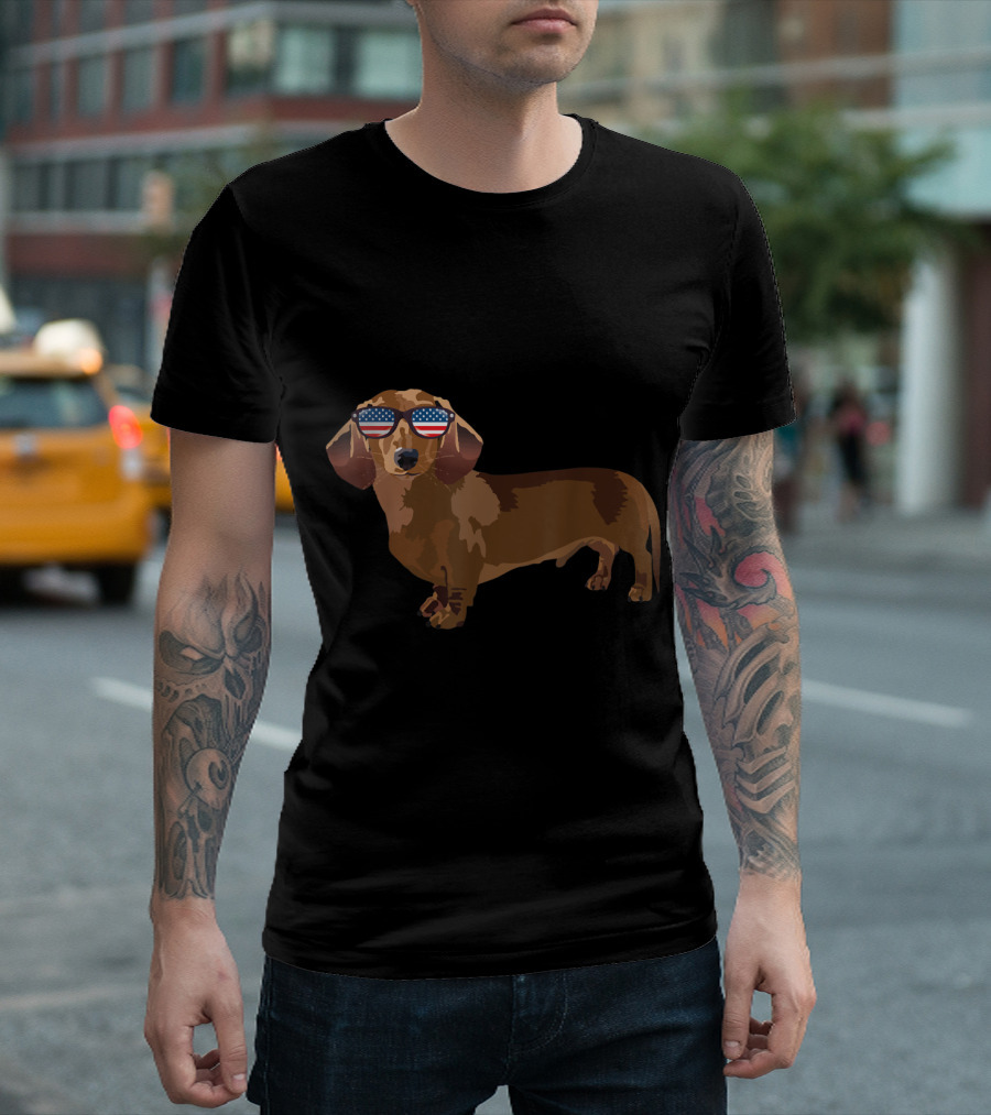 Funny Dachshund Lover American Flag Sunglasses T-Shirt