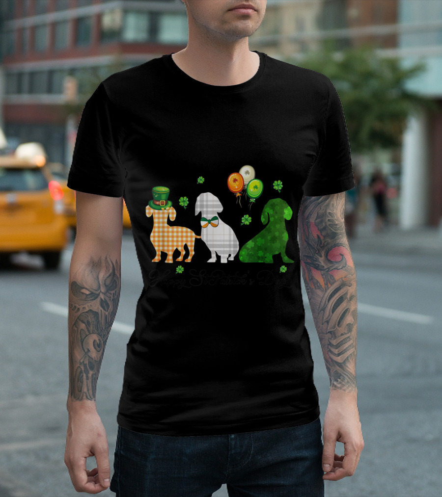 Happy St. Patrick's Day Irish Flag Three Dachshund Dogs Shamrock Balloons T-Shirt