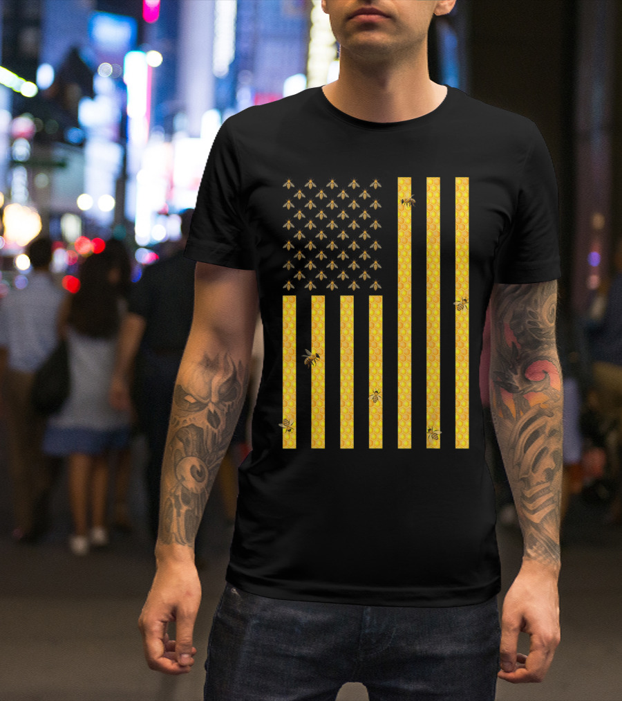 American Flag Honeycomb Honey Bee Beekeeping T-Shirt