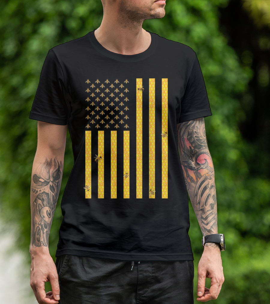 American Flag Honeycomb Honey Bee Beekeeping T-Shirt