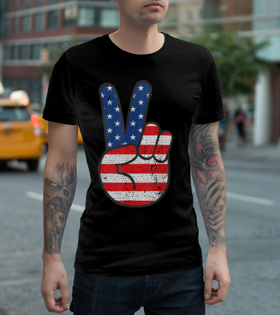 American Flag Peace Sign Hand Patriotic 4th of July T-Shirt