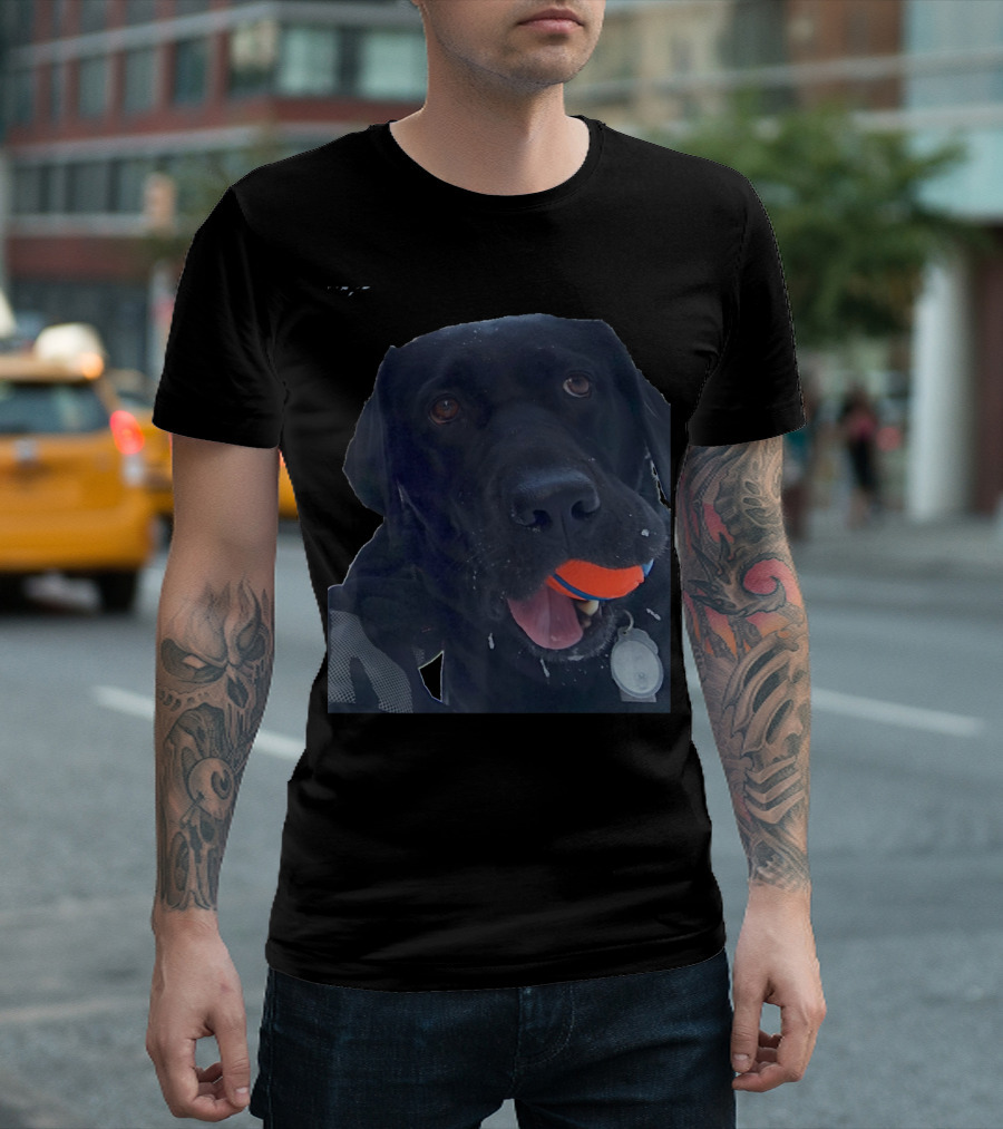 August Playful Black Dog with Orange Ball T-Shirt