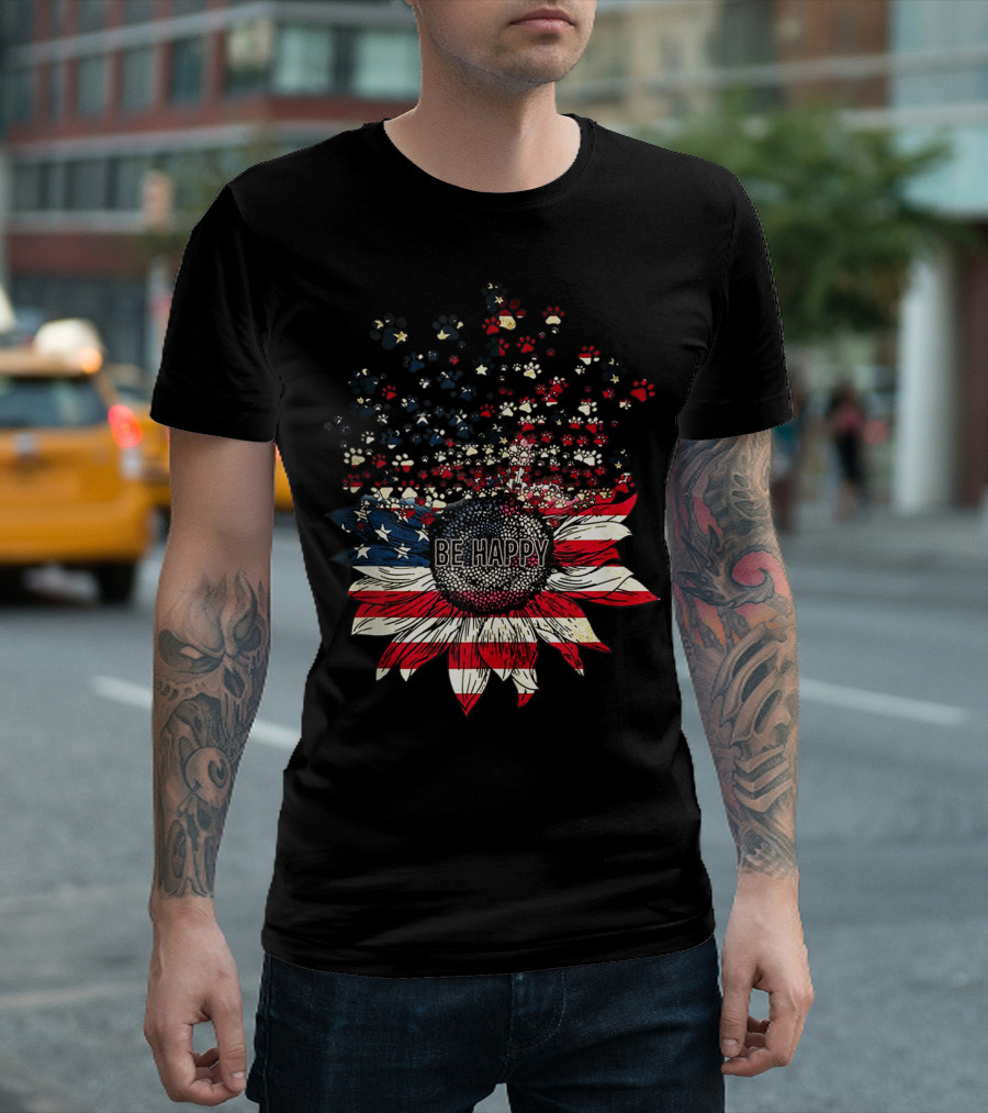 Be Happy Sunflower with American Flag and Dog Paw Prints T-Shirt