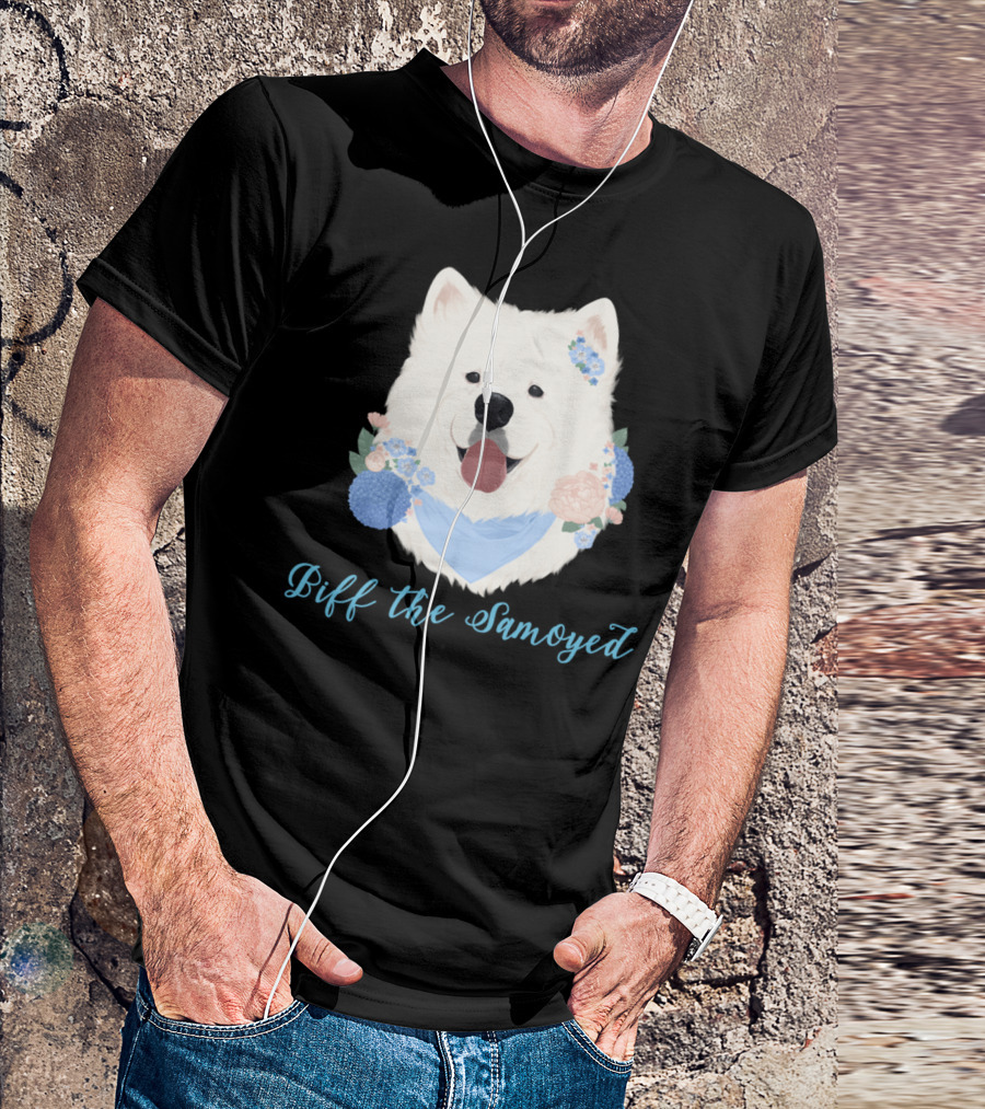 Biff The Samoyed Blue Floral Bandana T-Shirt