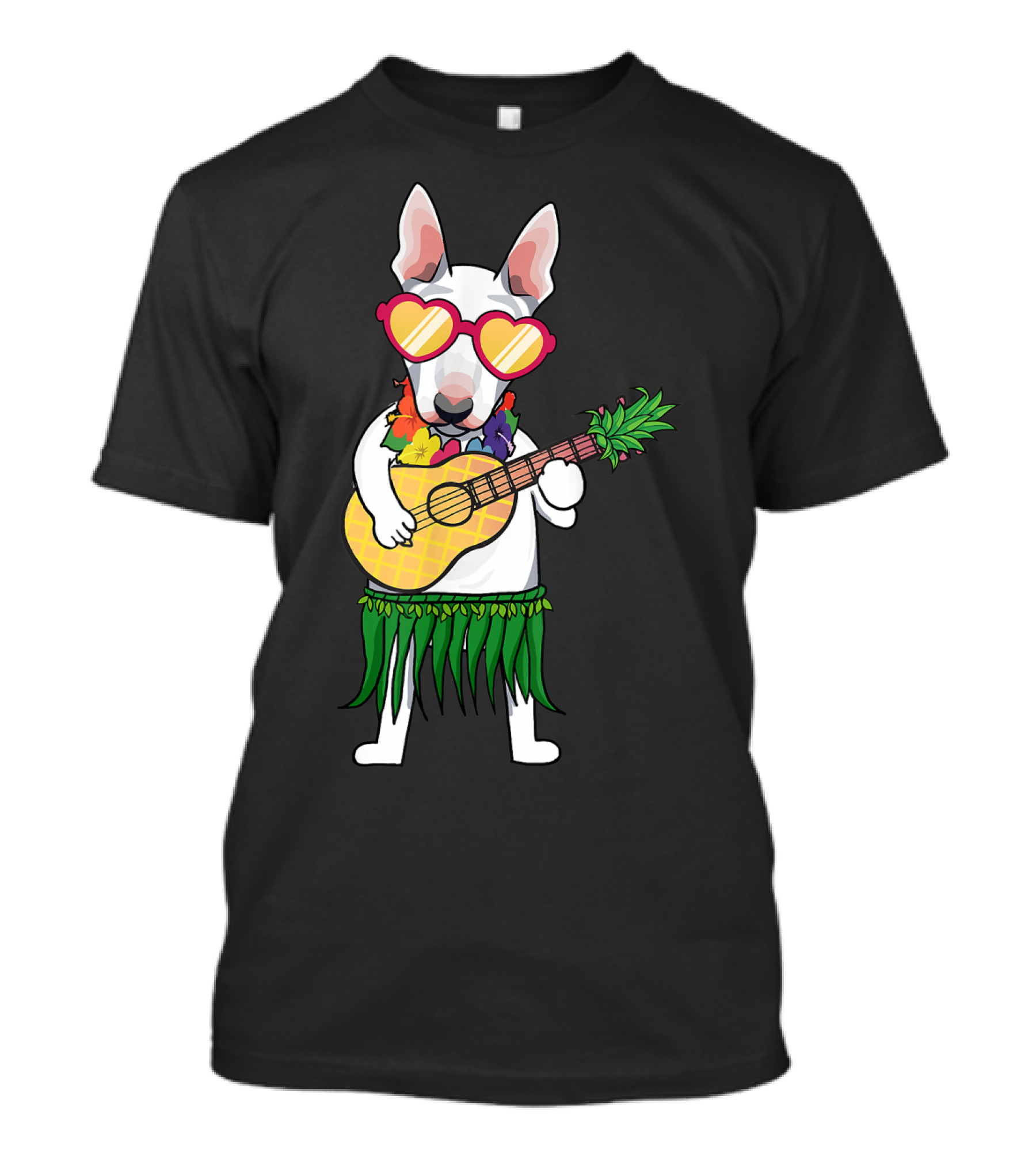 Bull Terrier Wearing Hawaiian Costume With Ukulele And Heart Sunglasses T-Shirt