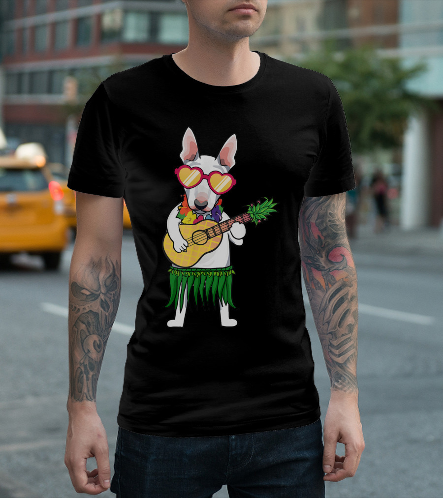 Bull Terrier Wearing Hawaiian Costume With Ukulele And Heart Sunglasses T-Shirt