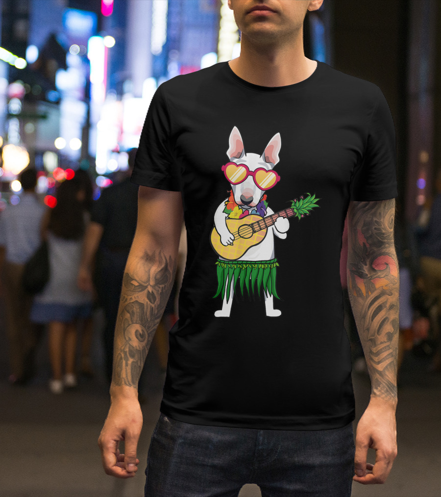 Bull Terrier Wearing Hawaiian Costume With Ukulele And Heart Sunglasses T-Shirt
