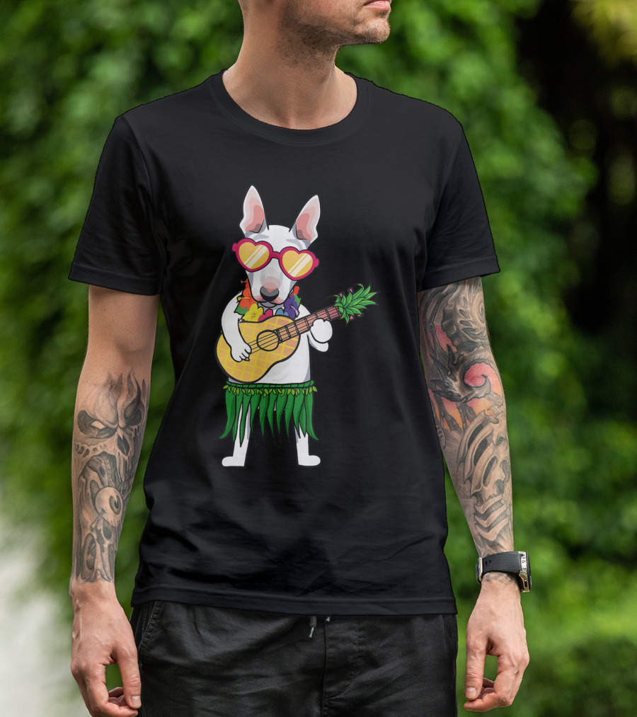 Bull Terrier Wearing Hawaiian Costume With Ukulele And Heart Sunglasses T-Shirt