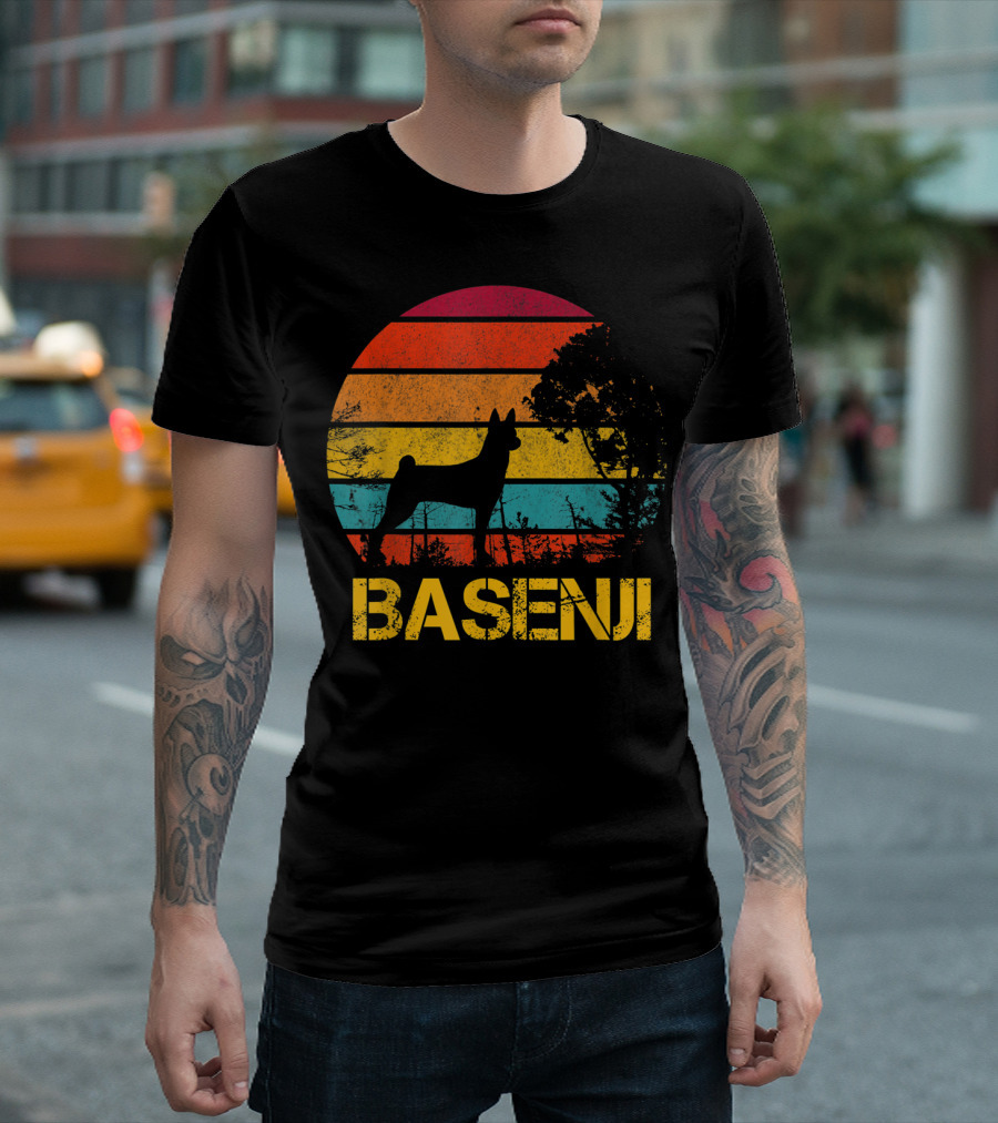 Basenji Retro Silhouette with Sunset Stripes T-Shirt