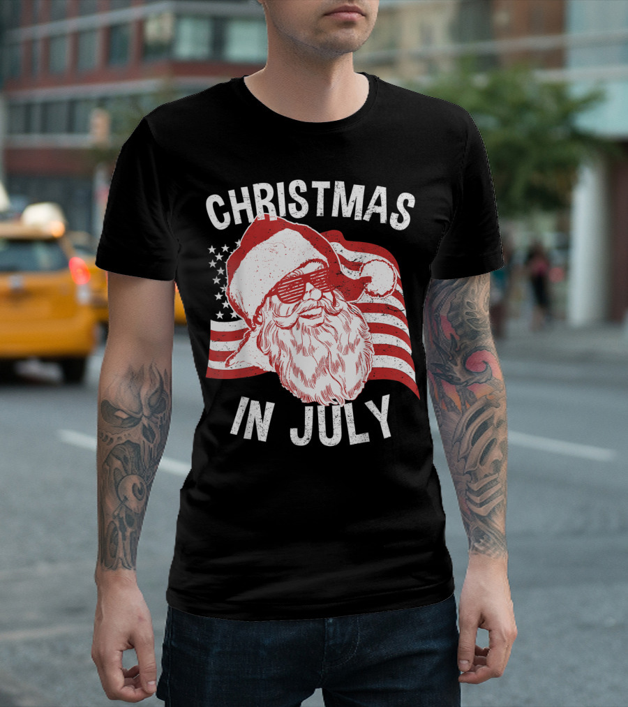 Christmas In July Hipster Santa American Flag Sunglasses T-Shirt