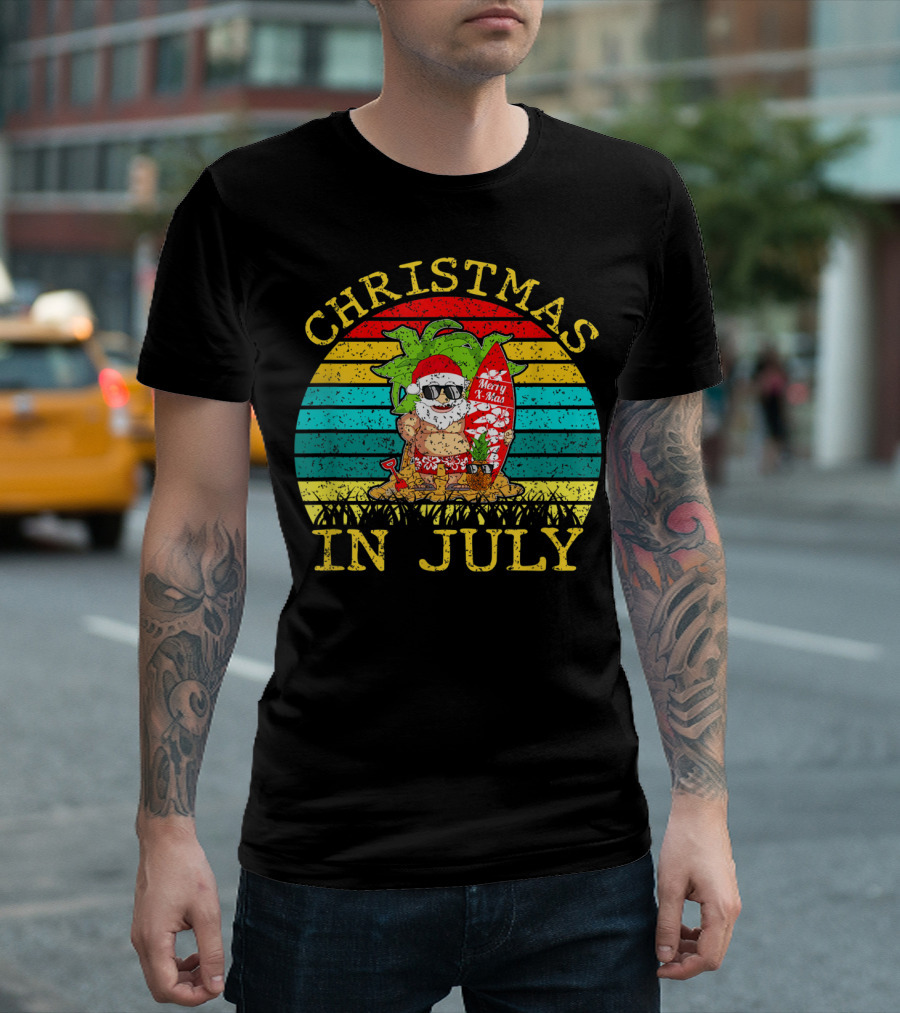 Christmas in July Santa Surfer with Merry Xmas Surfboard Summer Retro T-Shirt