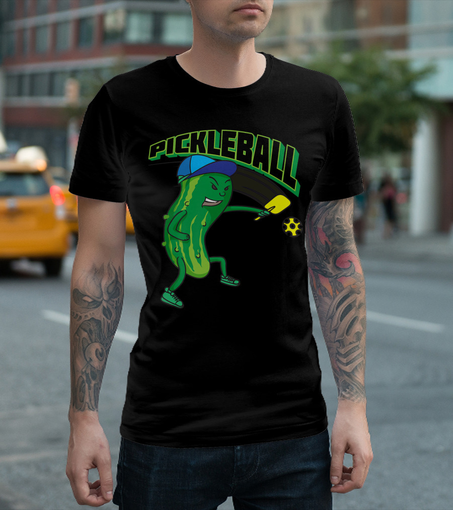 Pickleball Pickle Character with Paddle and Ball Birthday Present T-Shirt