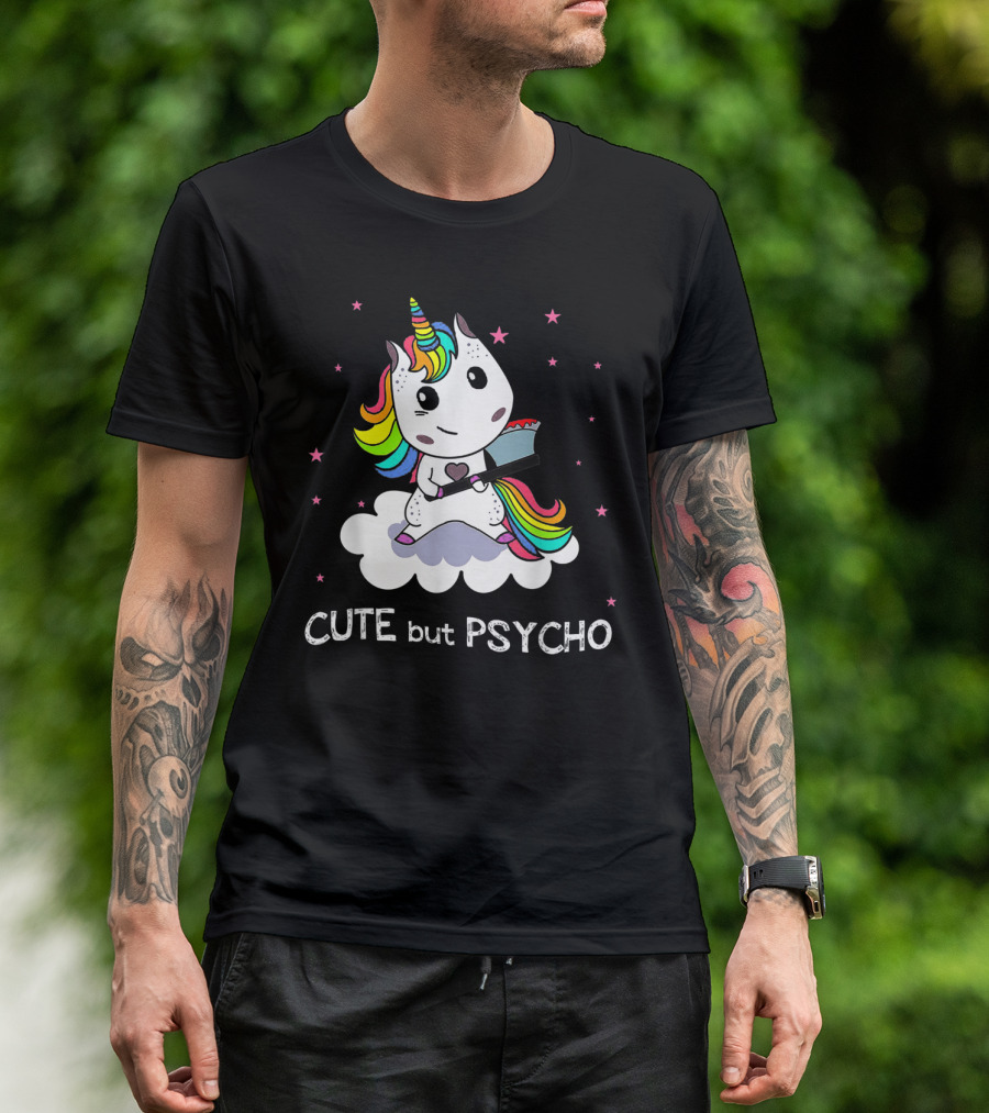 Cute But Psycho Rainbow Unicorn With Axe And Stars T-Shirt