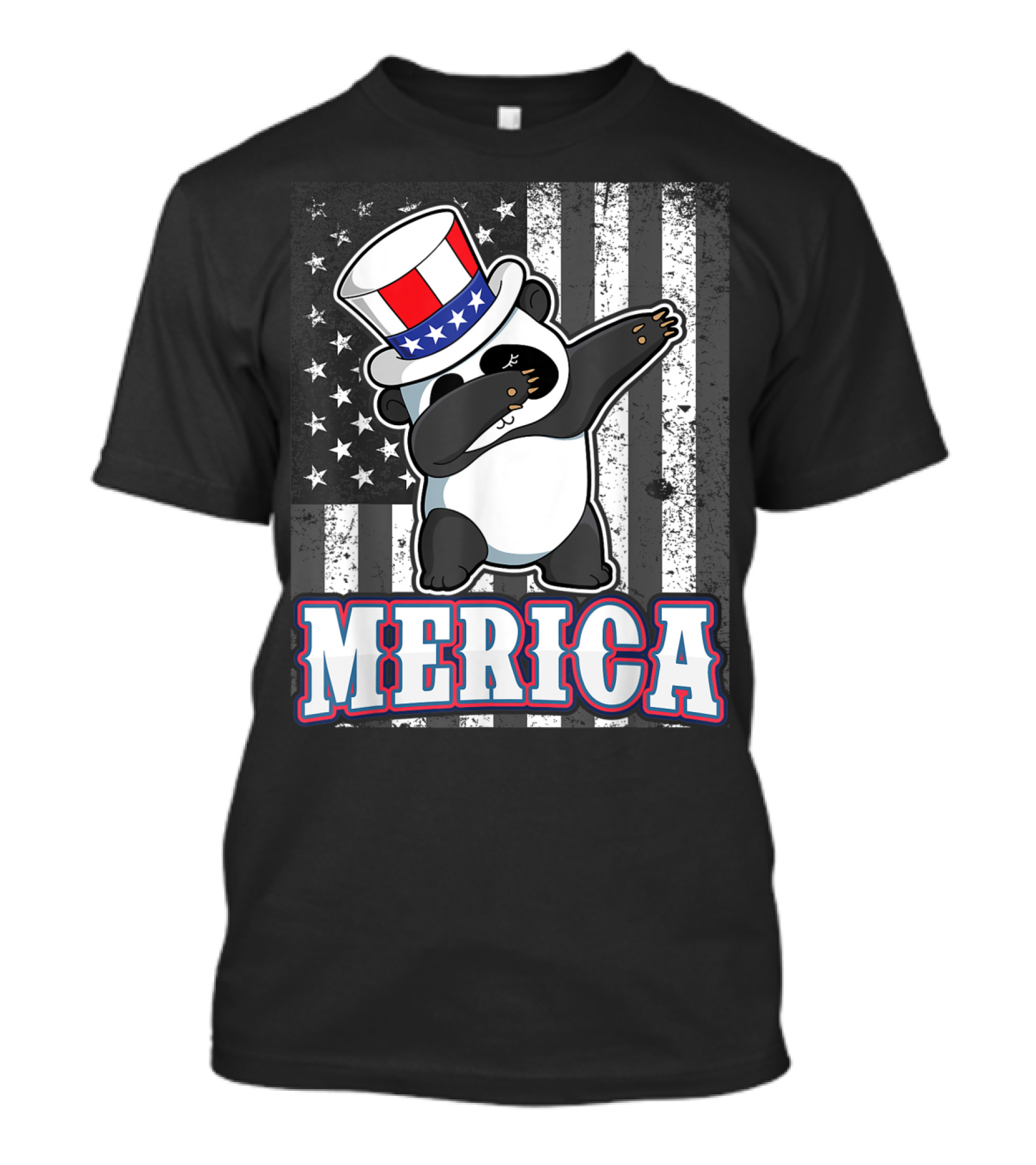 Merica Dabbing Panda Bear With USA Top Hat And Flag Background T-Shirt