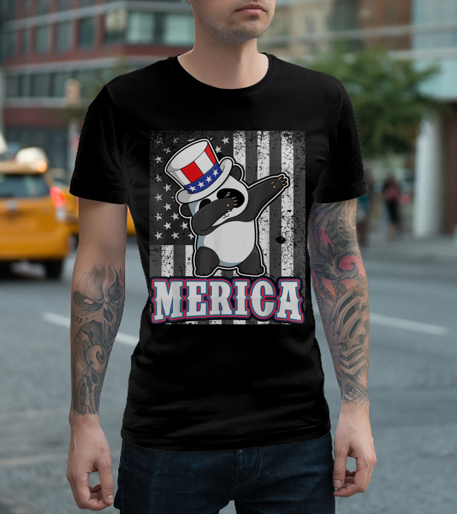 Merica Dabbing Panda Bear With USA Top Hat And Flag Background T-Shirt