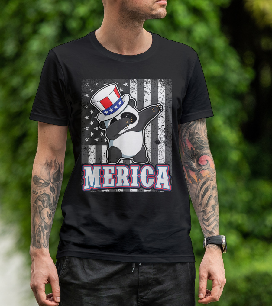 Merica Dabbing Panda Bear With USA Top Hat And Flag Background T-Shirt