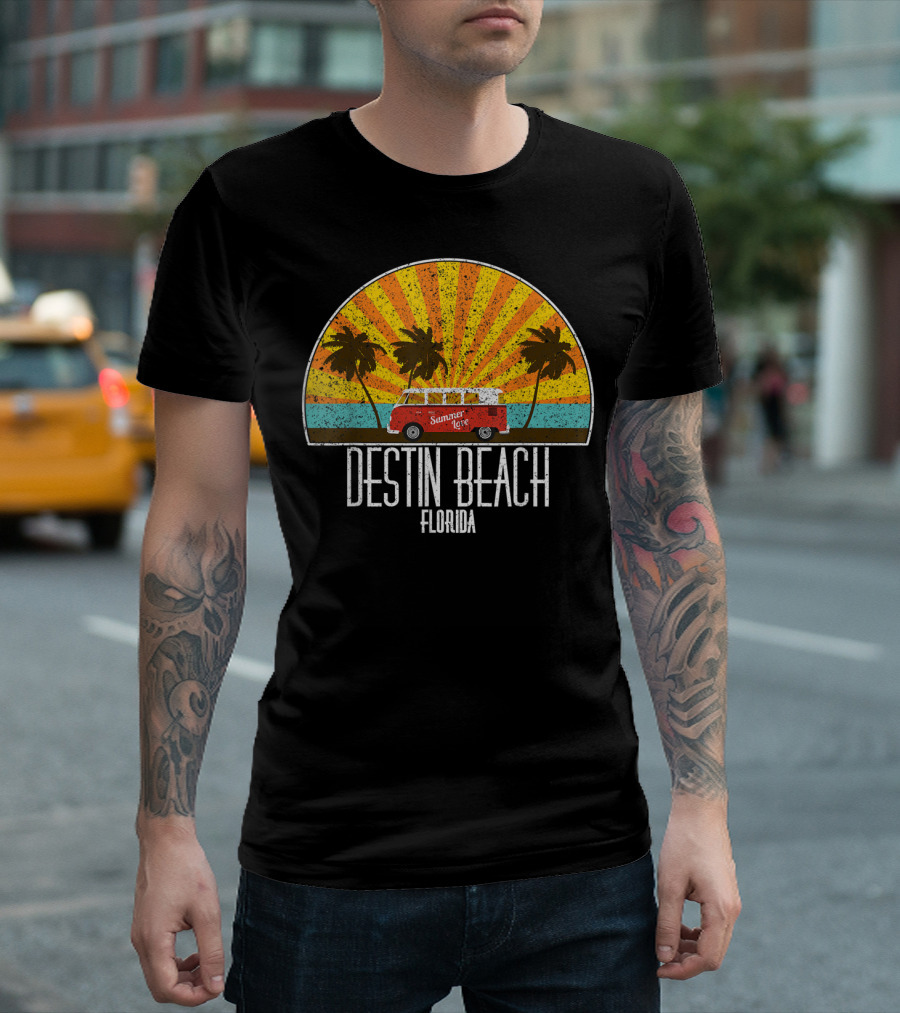 Destin Beach Florida Summer Vibe Vintage Van Sunset Scene T-Shirt