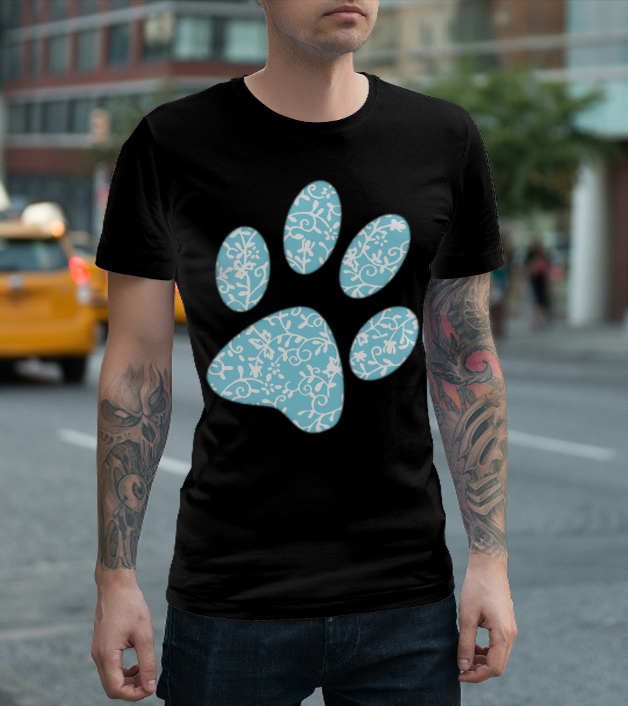 Dog Cat Paw Print Blue Floral Animal Lover T-Shirt