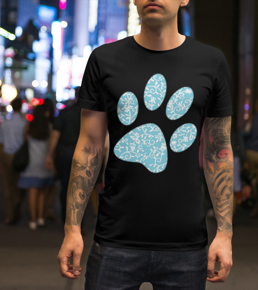 Dog Cat Paw Print Blue Floral Animal Lover T-Shirt