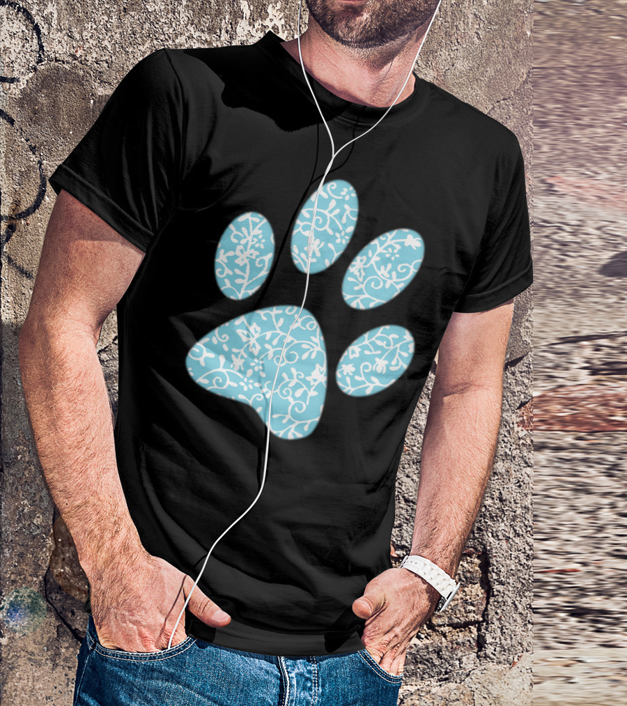 Dog Cat Paw Print Blue Floral Animal Lover T-Shirt