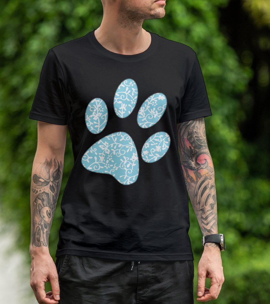 Dog Cat Paw Print Blue Floral Animal Lover T-Shirt