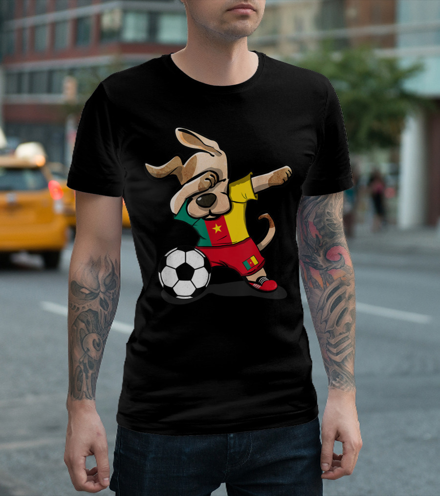 Dog Dabbing with Soccer Ball in Cameroon Flag Colors Jersey T-Shirt