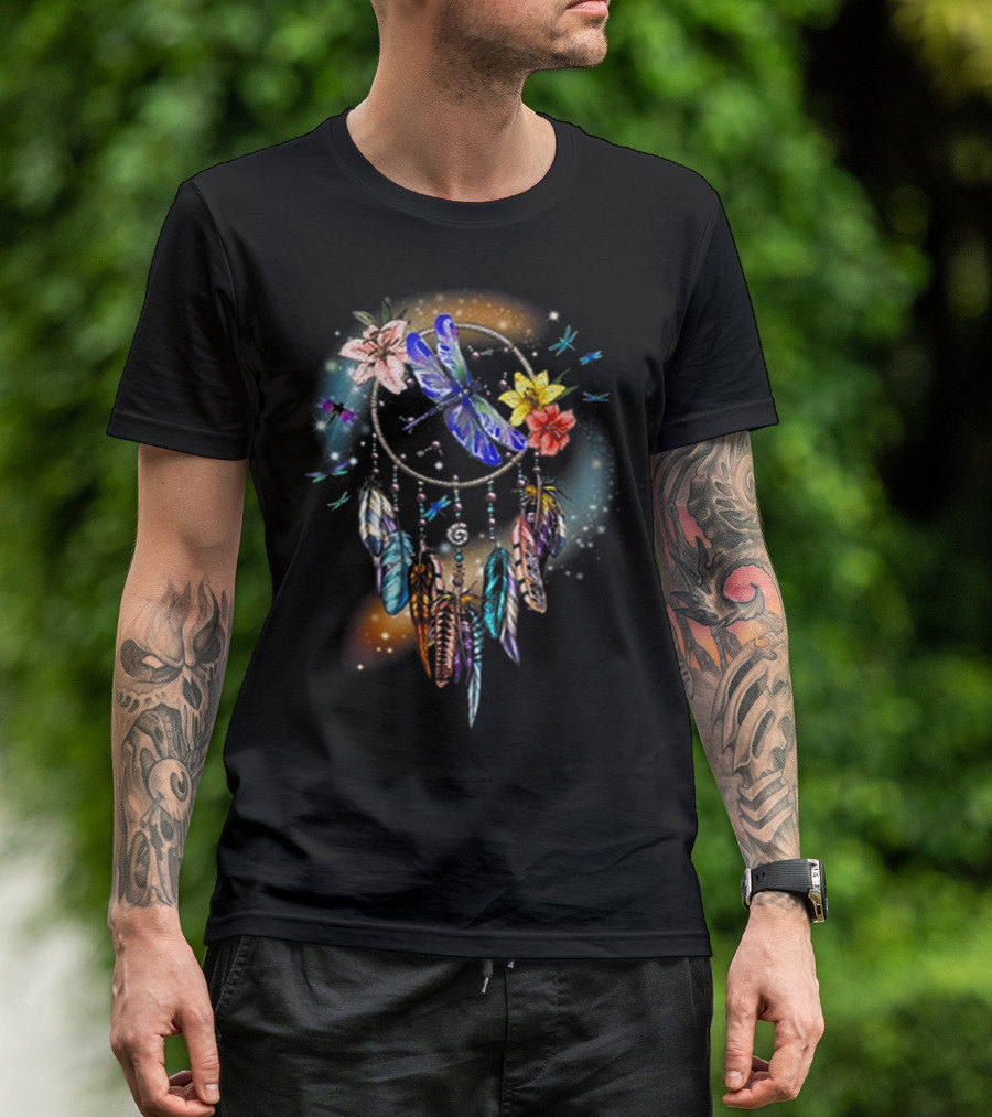 Dreamcatcher Dragonfly Floral Feathers Harmony T-Shirt