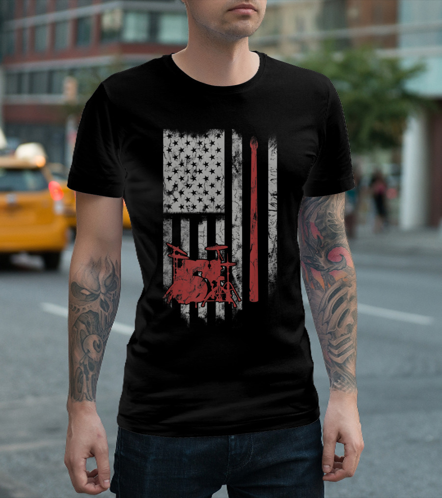 Drum Kit American Flag Drumstick 4th Of July T-Shirt