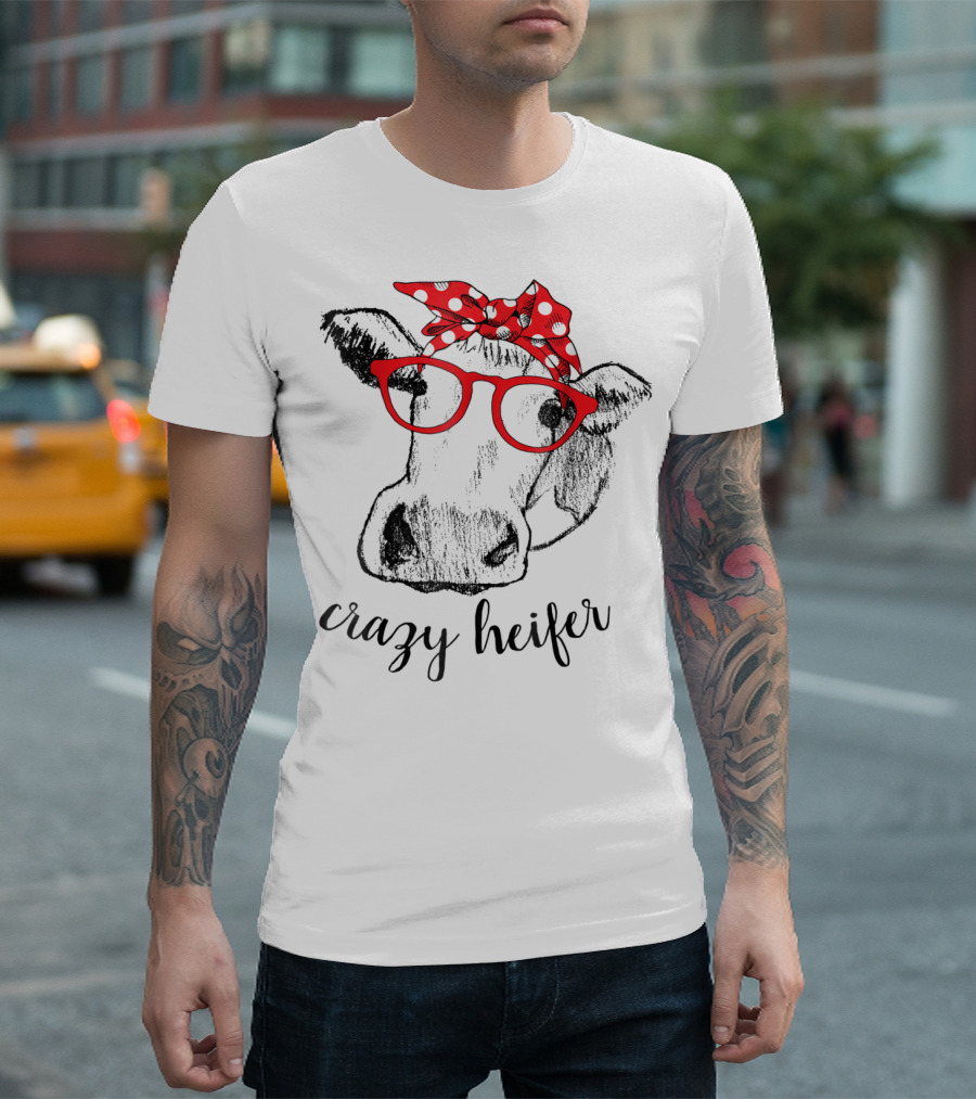 Crazy Heifer Cow Red Glasses Polka Dot Bandana T-Shirt