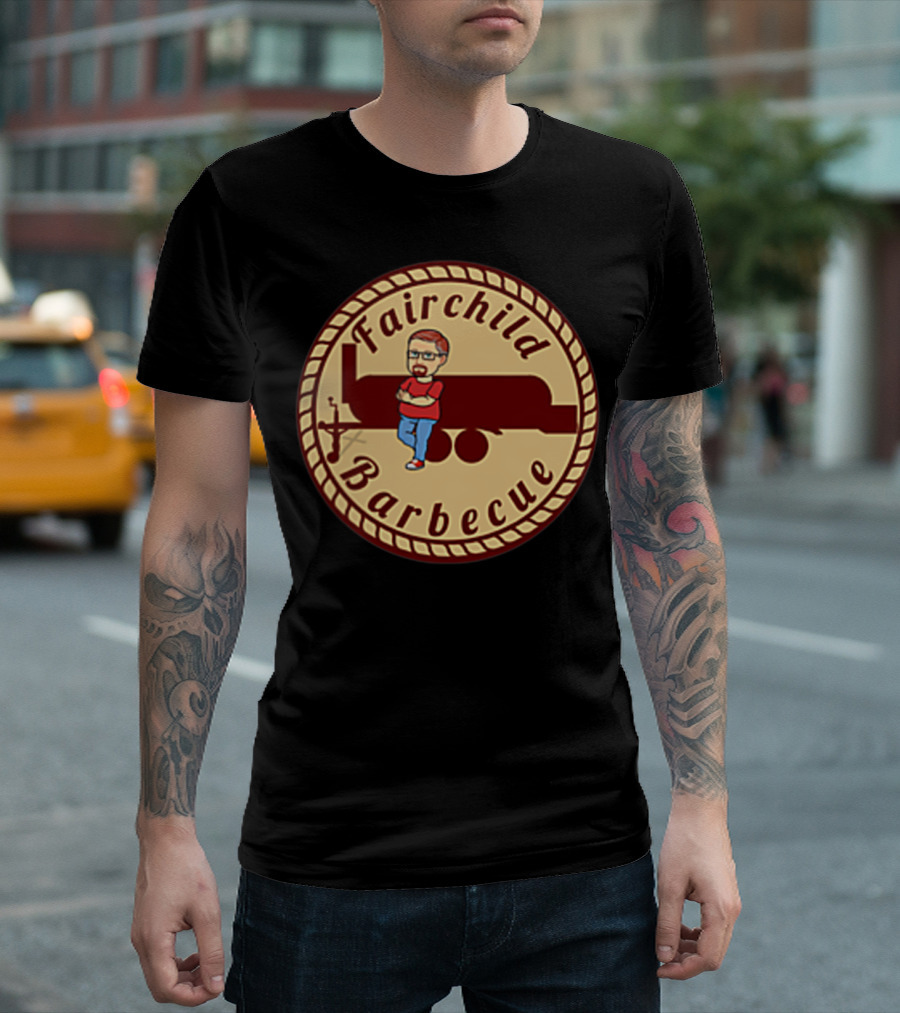 Fairchild Barbecue Logo with Cartoon Character and Smoker T-Shirt