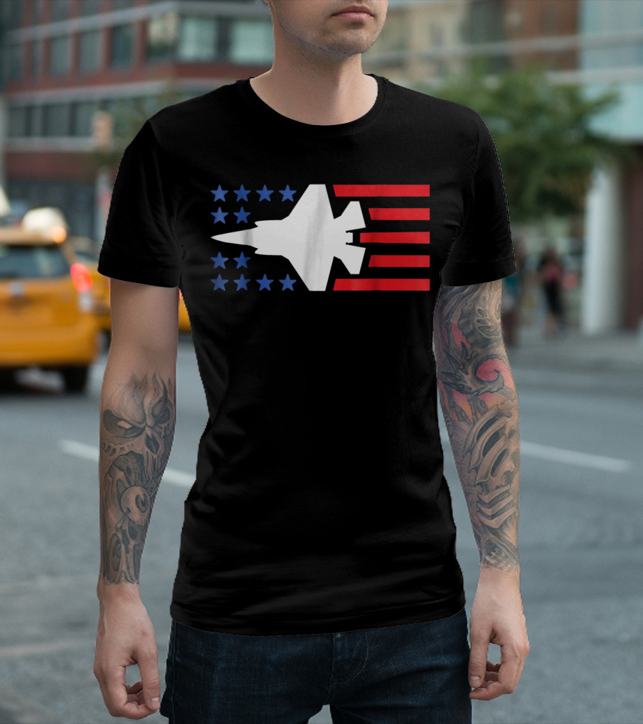 F35 Fighter Jet Silhouette with American Blue Stars and Red Stripes T-Shirt