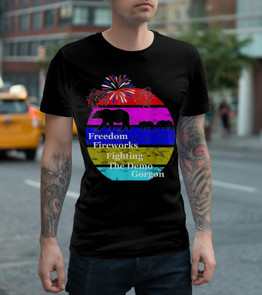 Freedom Fireworks Fighting The Demo Gorgon with Bears and Colorful Stripes T-Shirt