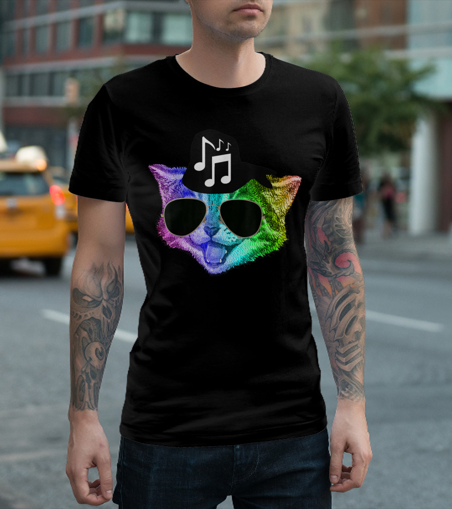 Funny Colorful Rainbow DJ Music Kitty Feline with Sunglasses and Hat T-Shirt
