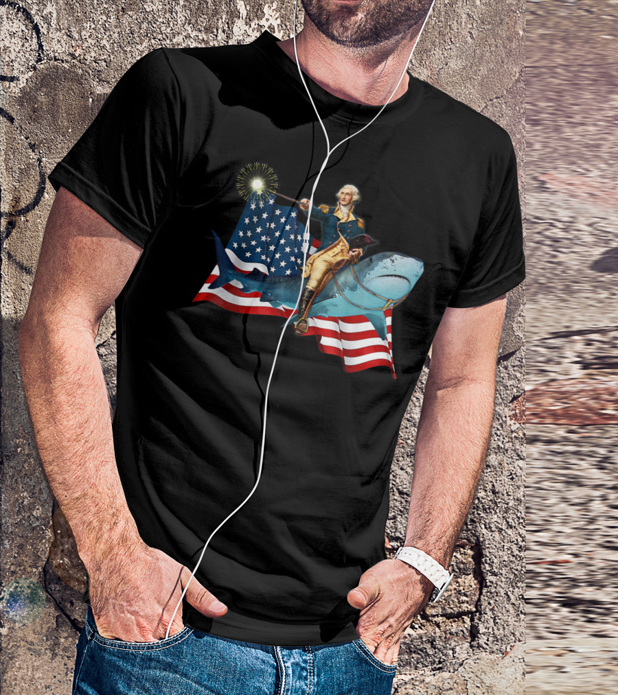 George Washington Riding Shark With American Flag For 4th Of July USA T-Shirt