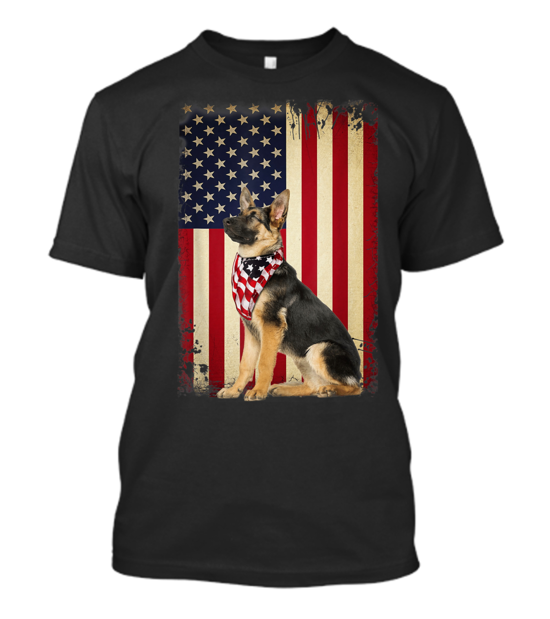 German Shepherd Wearing American Flag Bandana In Front Of Vintage American Flag T-Shirt