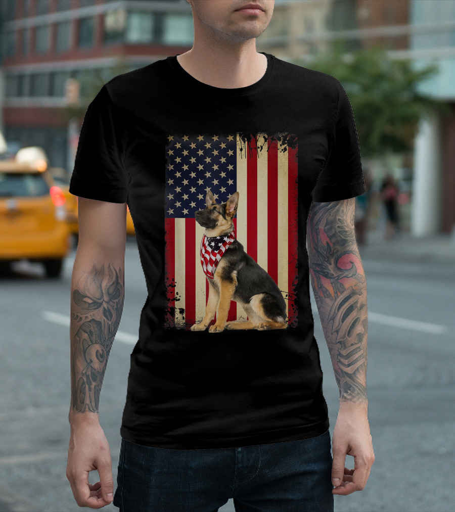 German Shepherd Wearing American Flag Bandana In Front Of Vintage American Flag T-Shirt